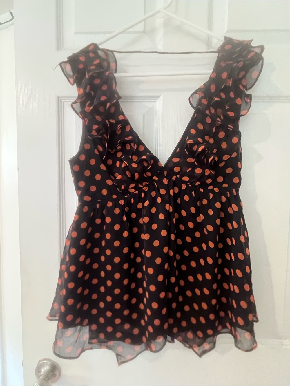 Women’s Black with Orange Polka Dot Ruffle V-Neck Top